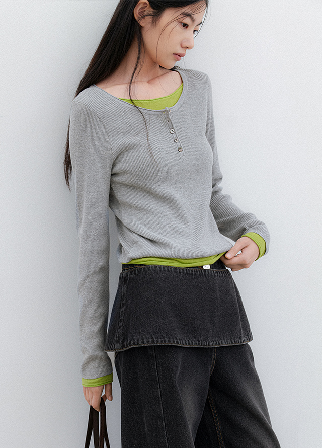 (PT-5810)LAYERED DENIM WIDE PANTS S Korea