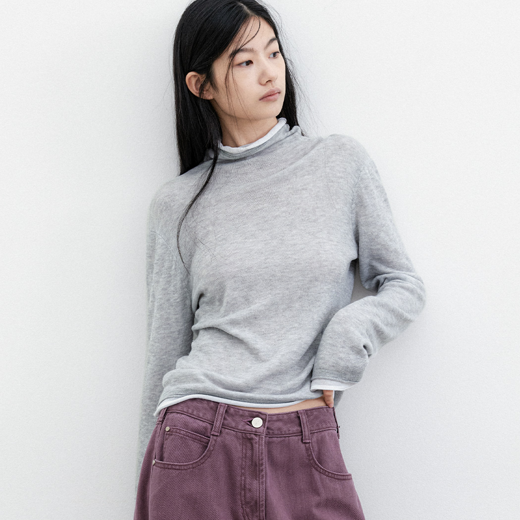 (T-7294)DOUBLE LAYERED COLOR POINT HIGH NECK KNIT