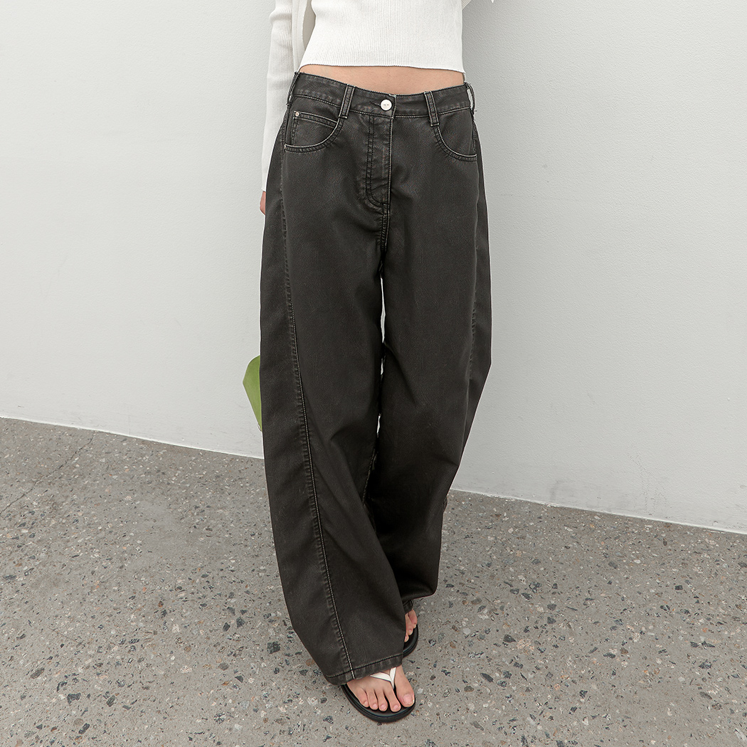 (PT-5821)VINTAGE WASHED LEATHER CURVED PANTS