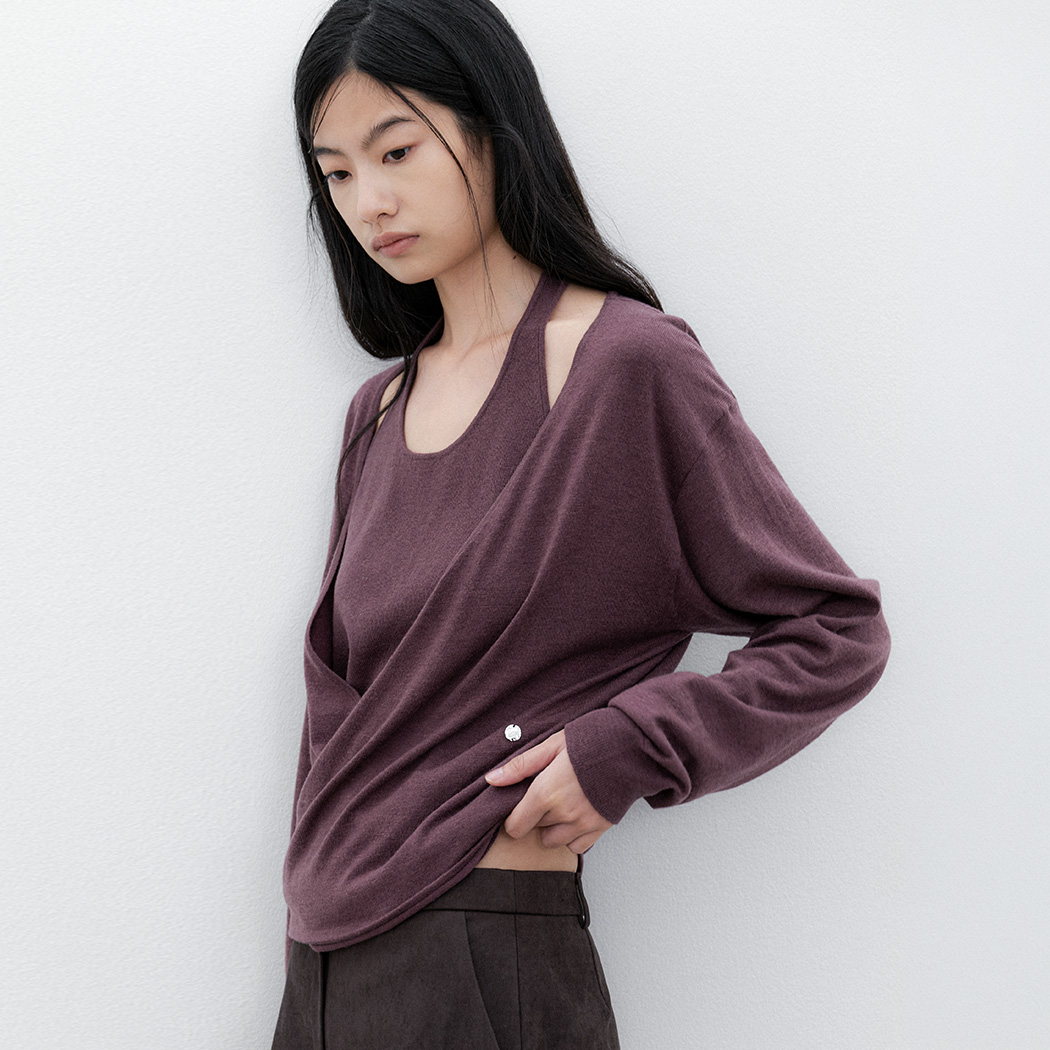 (T-7298)HALTER TOP LAYERED WRAP DRAPE KNIT