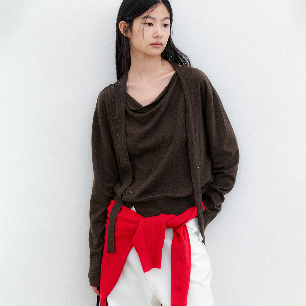 (CD-2285)COWL NECK SIDE BUTTON TIED KNIT