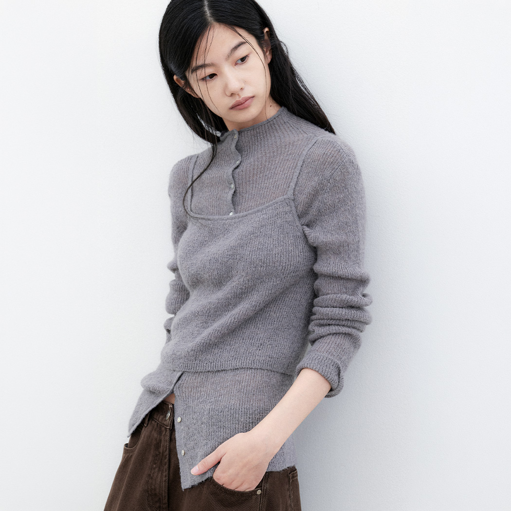(CD-2283)LAYERED RIBBED SHEER CARDIGAN &TOP KNIT SET S