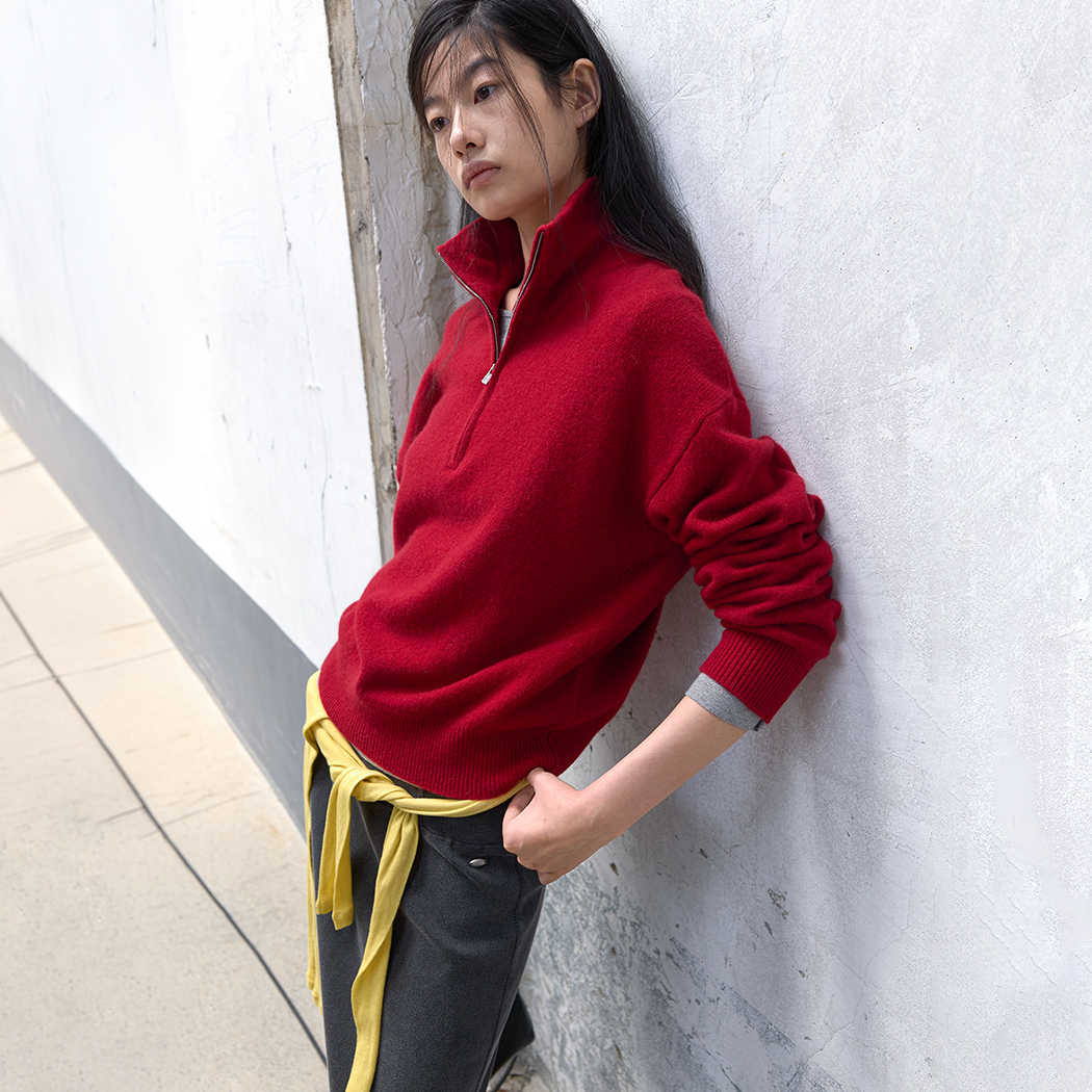 (T-7317)WOOL 100% HALF ZIP-UP LOOSE FIT KNIT