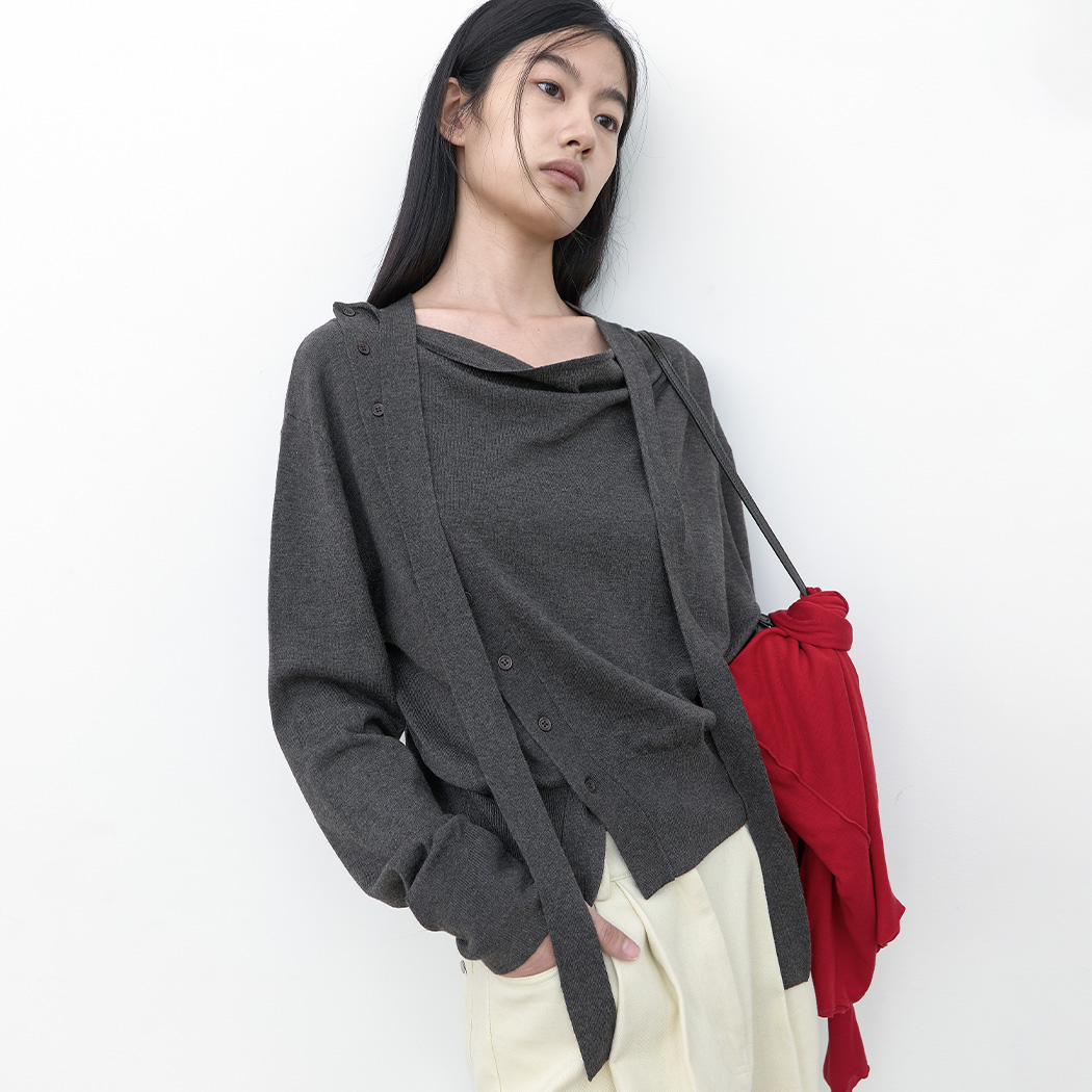 (CD-2285)COWL NECK SIDE BUTTON TIED KNIT