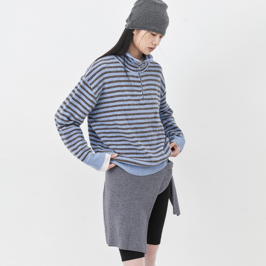 (T-7321)AN VELVET STRIPE QUARTER ZIP-UP KNIT