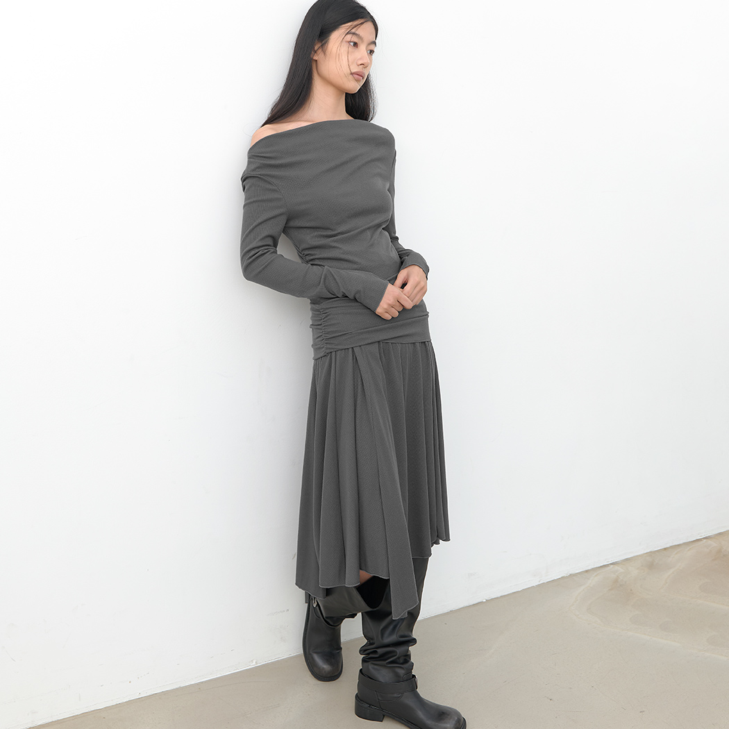 (OP-6344)COWLNECK RUCHED JERSEY DRESS