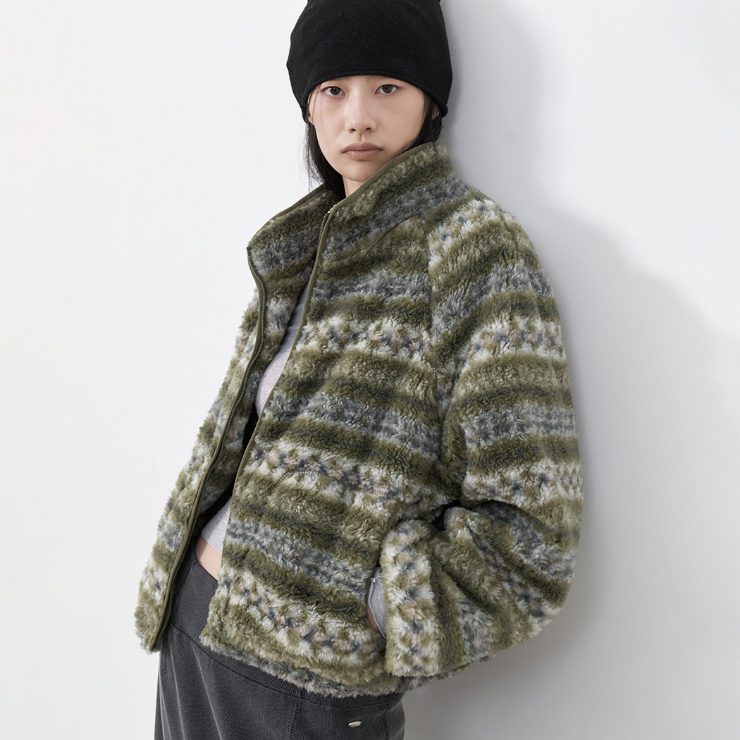 (JP-631)GREEN MULTI STRIPE FLEECE ZIP-UP