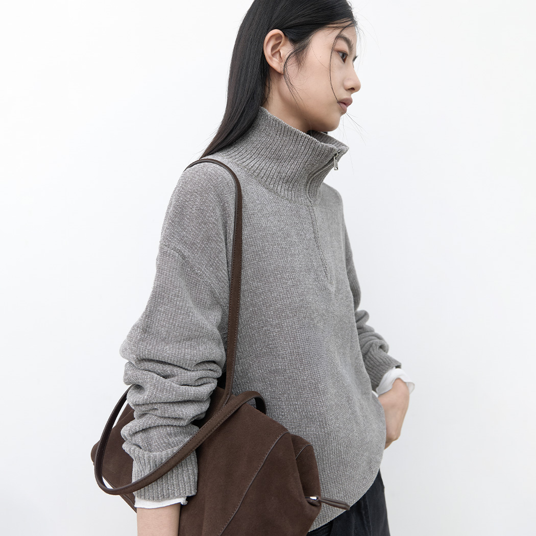 (T-7308)AN VELVET SOLID QUARTER ZIP-UP KNIT