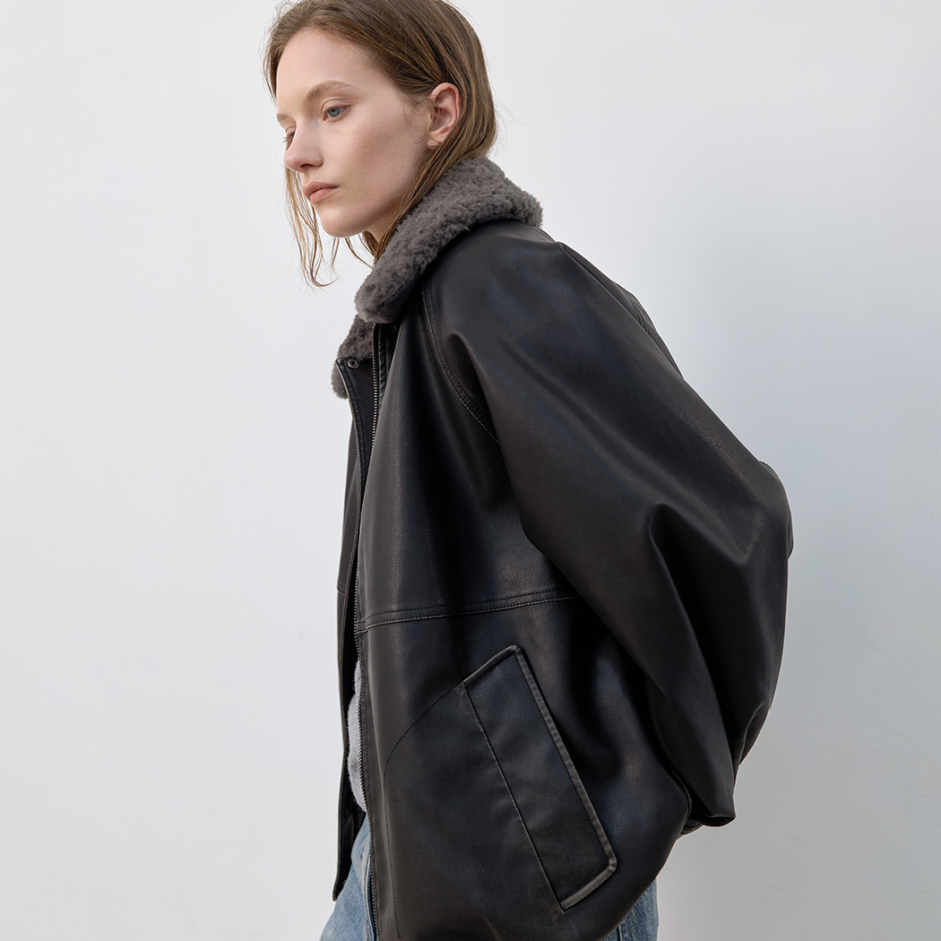 (JP-617)DETACHABLE FUR COLLAR LEATHER BLOUSON S