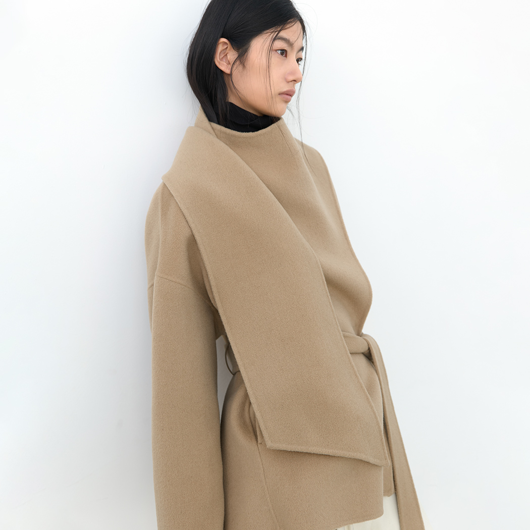 (CT-1490)DRAPE SCARF WOOL HALF HANDMADE COAT S Korea