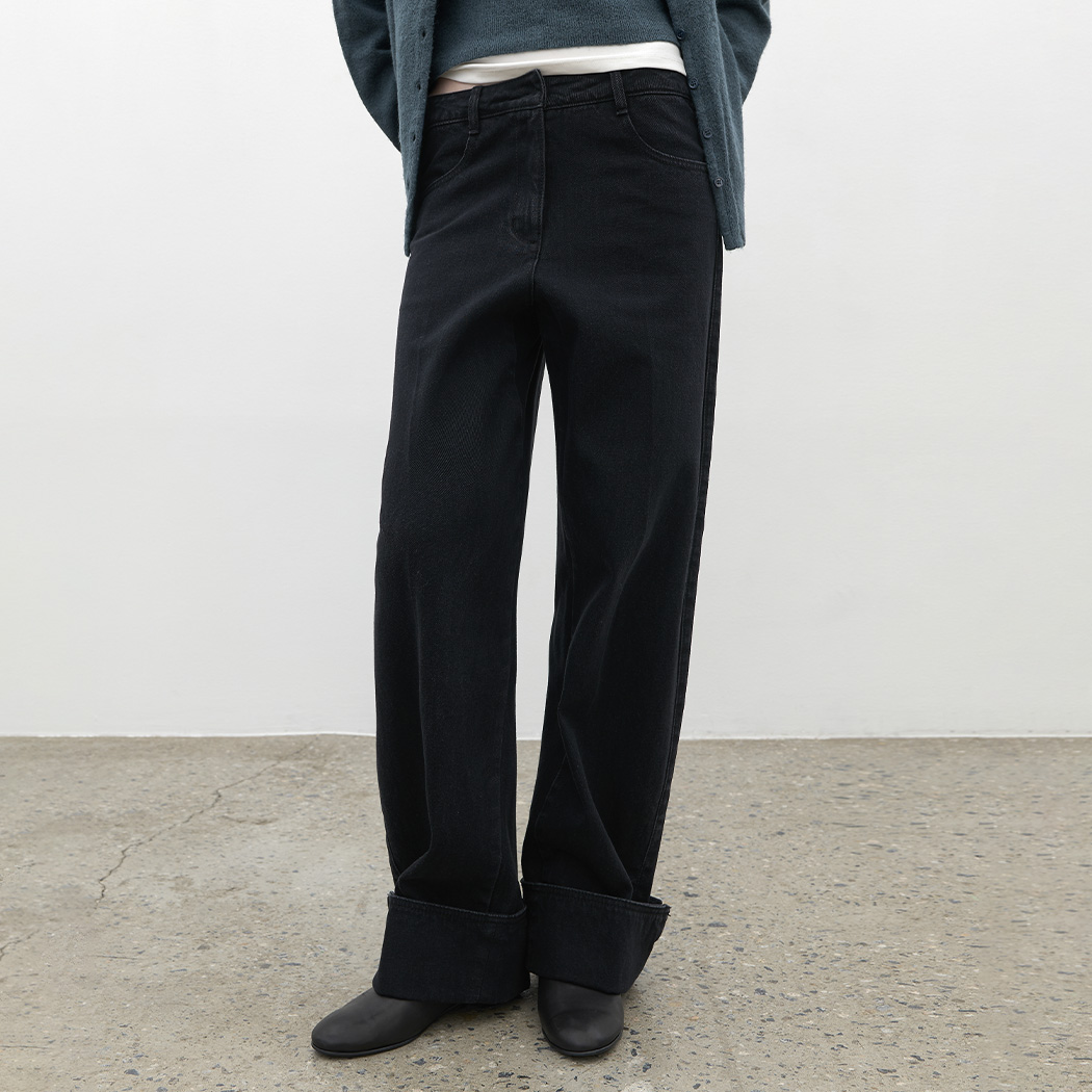 (PT-5839)CURVED TURN UP HEM DENIM PANTS