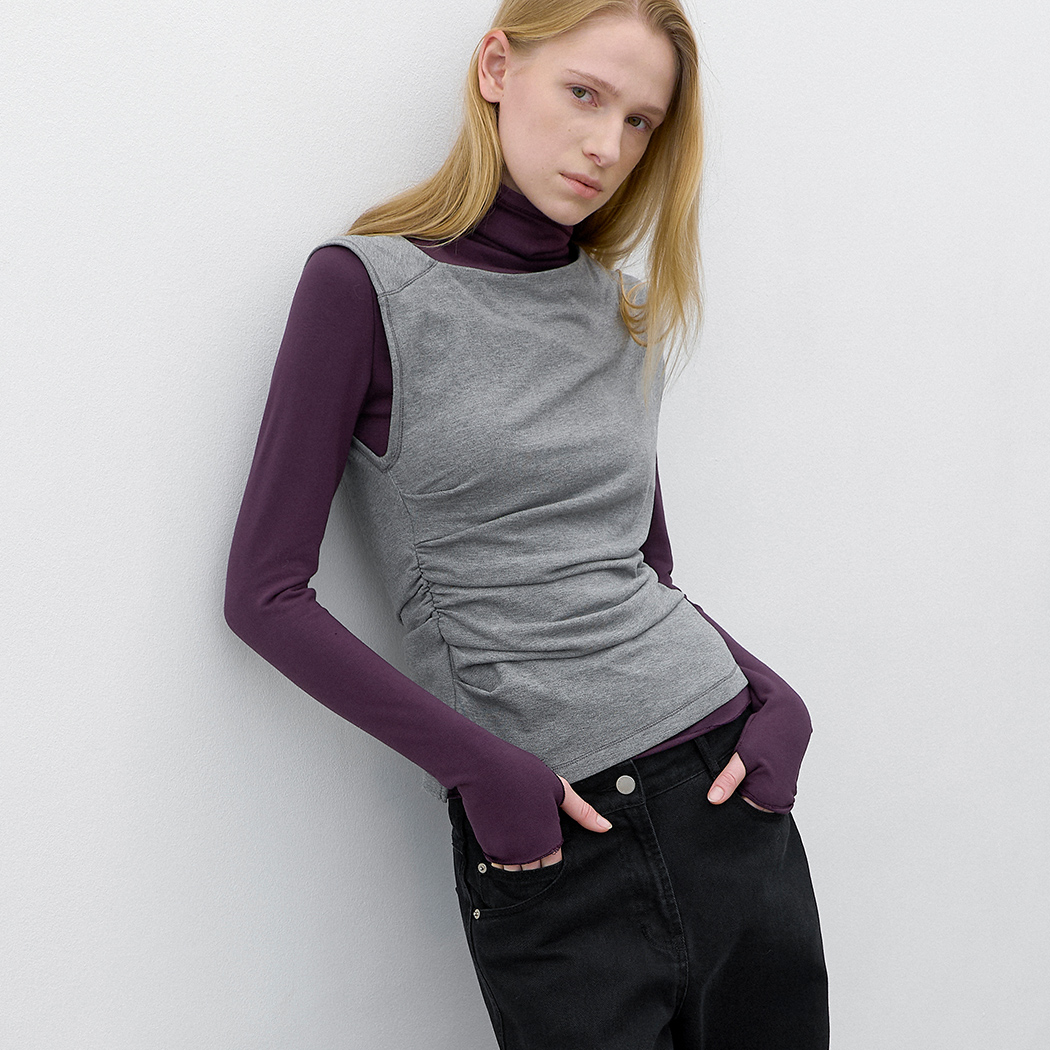 (T-7333)COLOR BLOCK LAYERED SHIRRING TEE