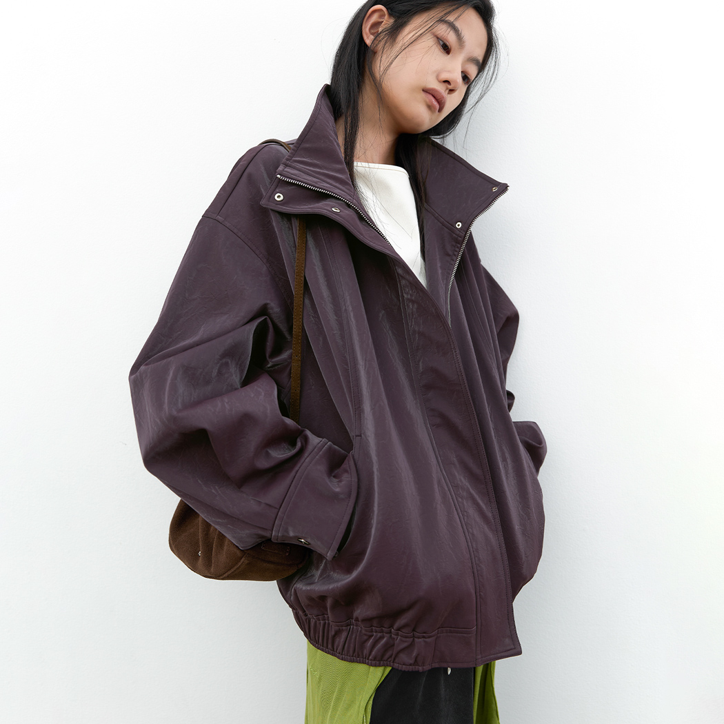 (JP-613)OVERFIT GLOSSY LEATHER HIGH NECK BLOUSON