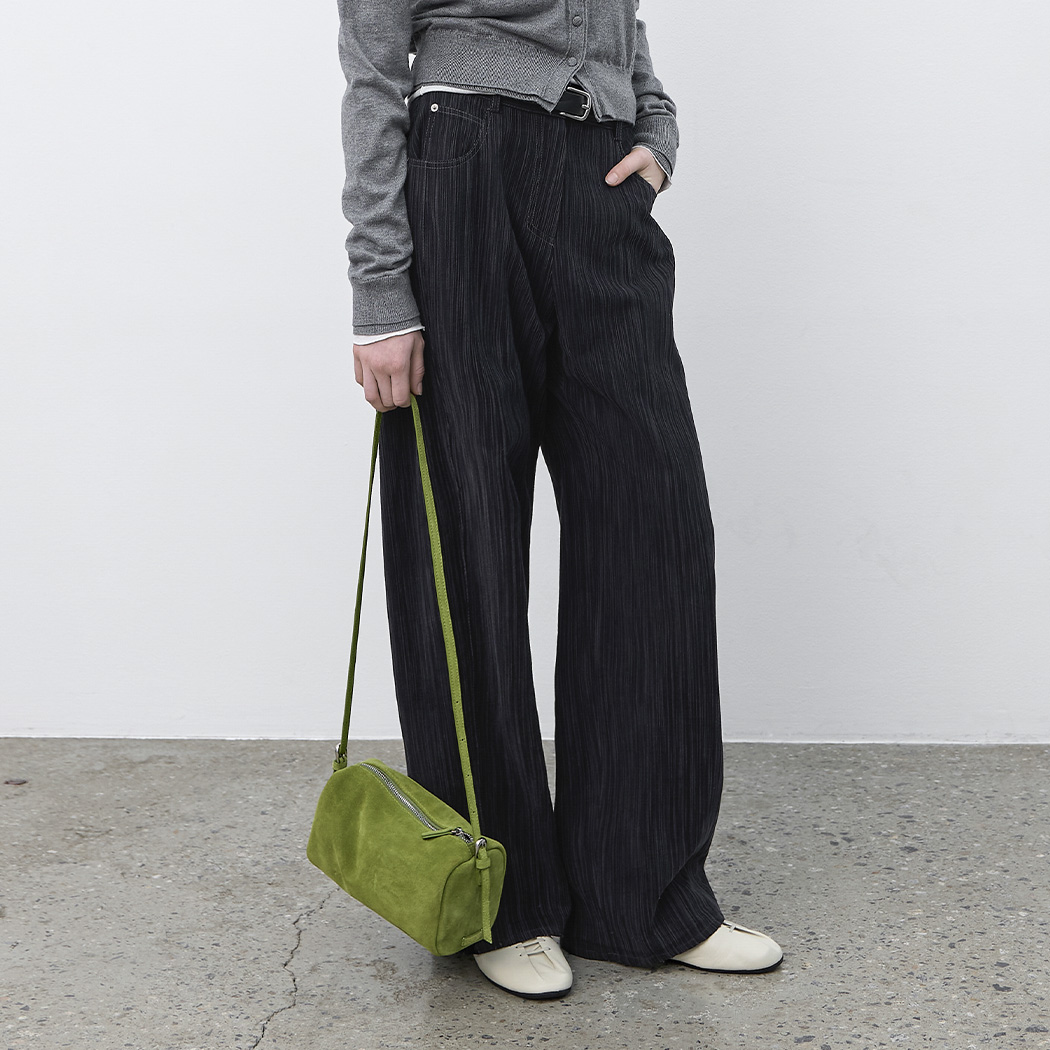 (PT-5843)WIDE STRIPE BELTED PANTS S