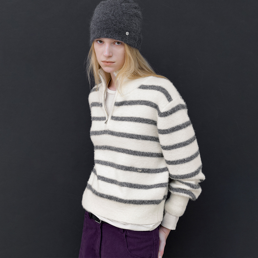 (T-7363)HAIRY STRIPE QUARTER ZIP-UP KNIT