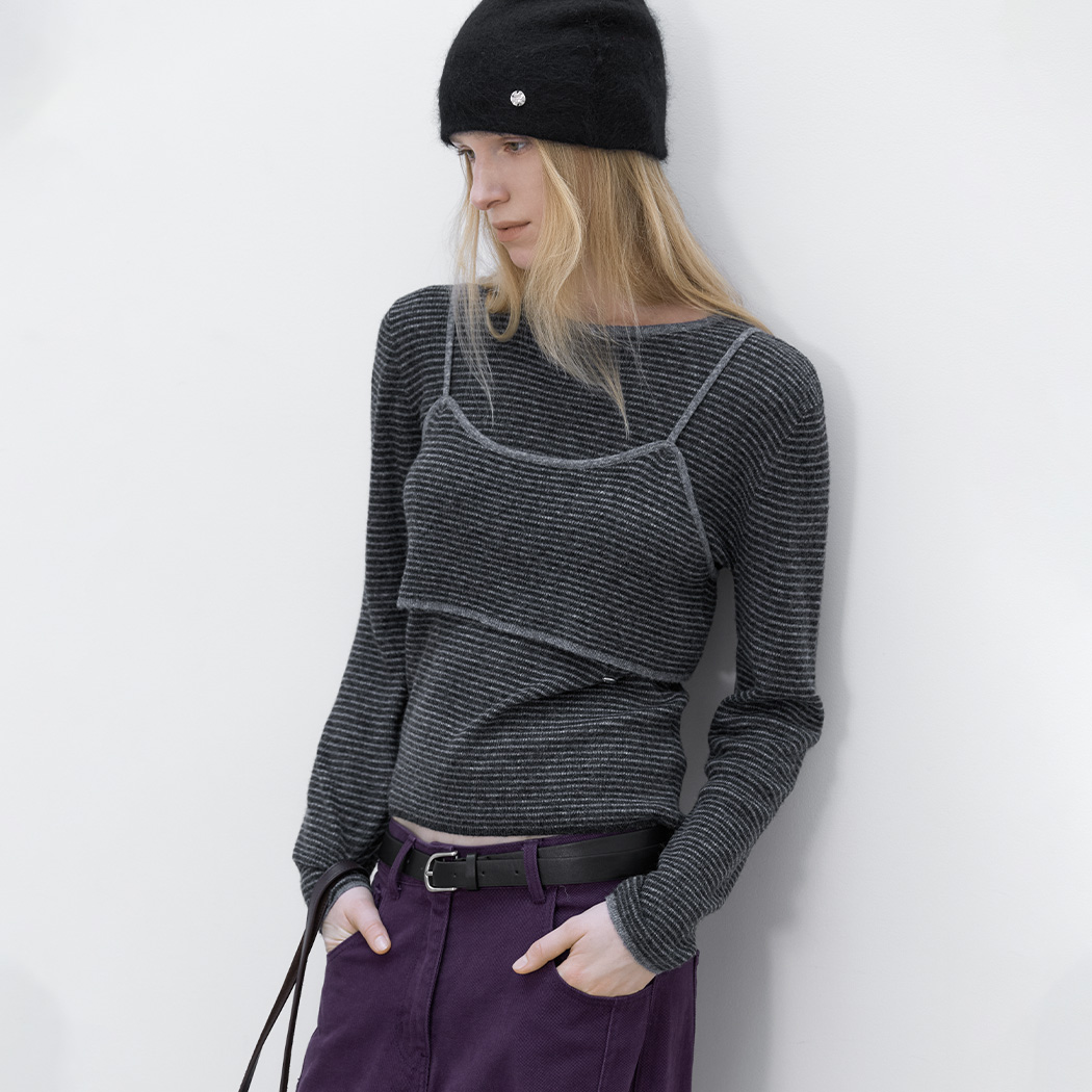 (T-7350)STRIPE BUSTIER LAYERD KNIT SET
