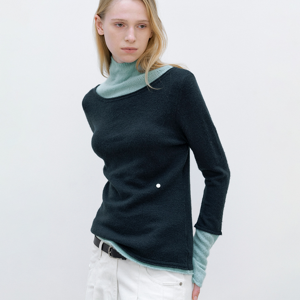 (T-7346)COLOR BLOCK LAYERD SLIM KNIT