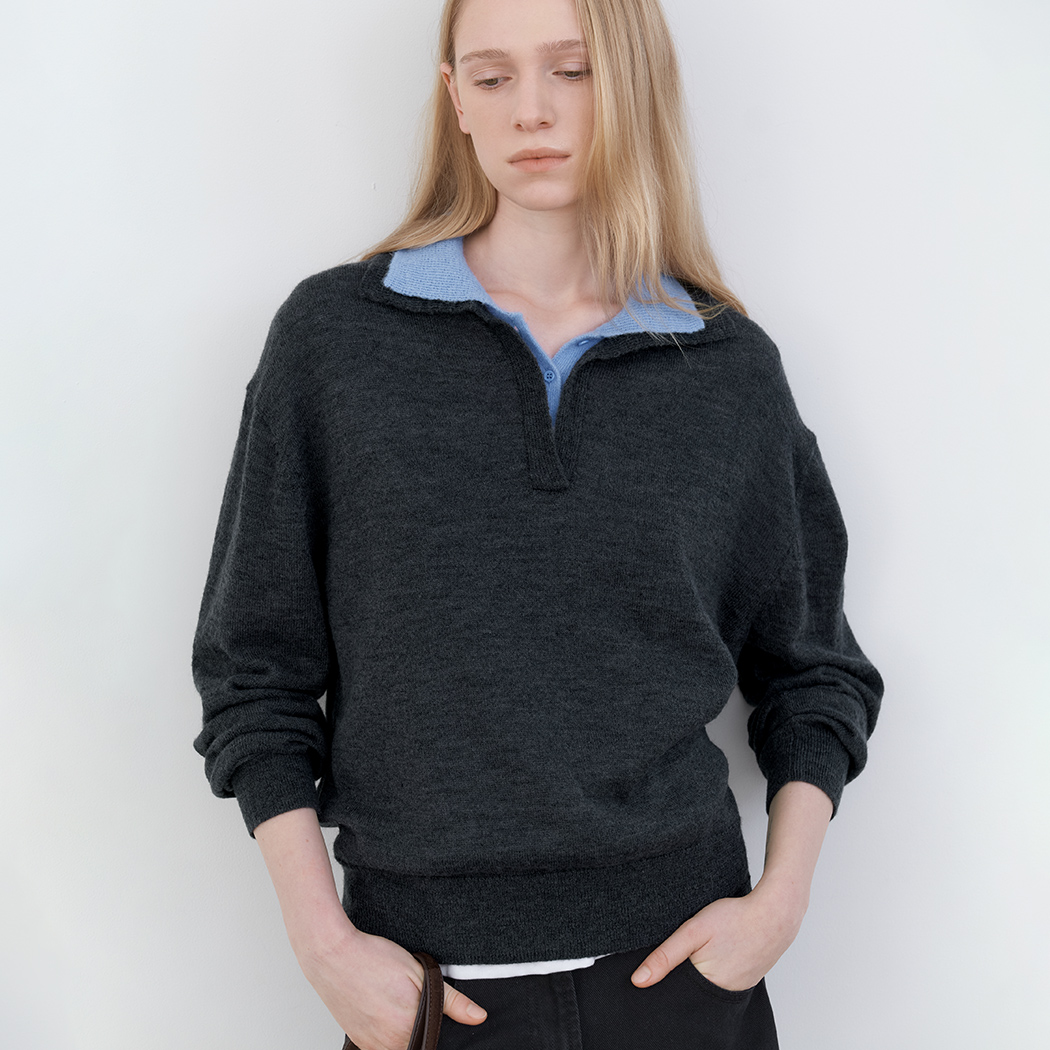 (T-7345)DOUBLE COLLAR SOFT CONTRAST KNIT