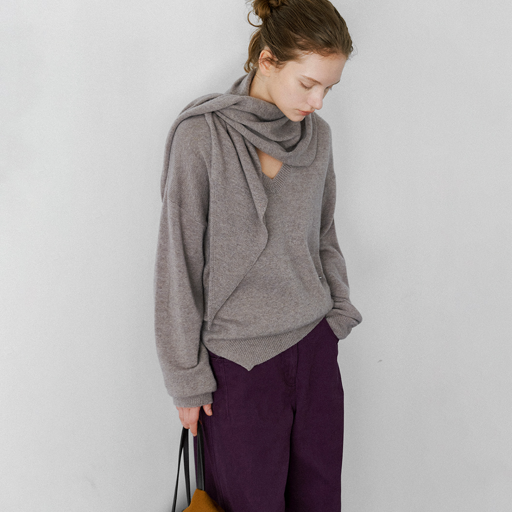 (T-7354)ASYMMETRY SCARF SET V-NECK KNIT